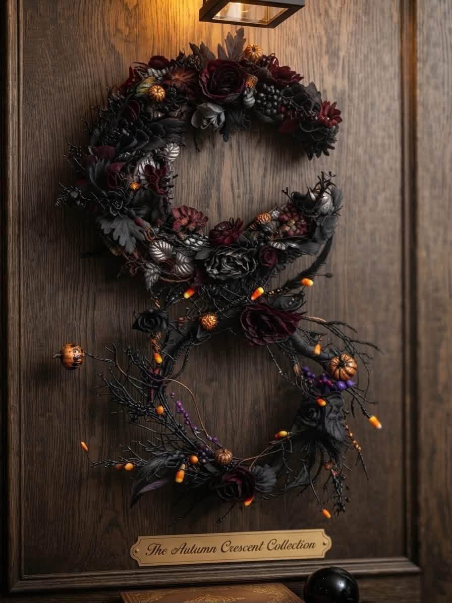 Two crescent wreaths with dark decorative florals, miniature pumpkins and orange accents