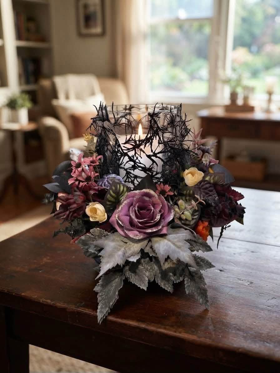 Purple and cream decorative roses with gray foliage surrounding a black web-pattern candle holder