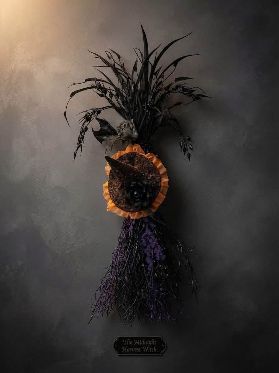 Halloween wall decoration with a small witch hat, black decorative foliage and purple accents