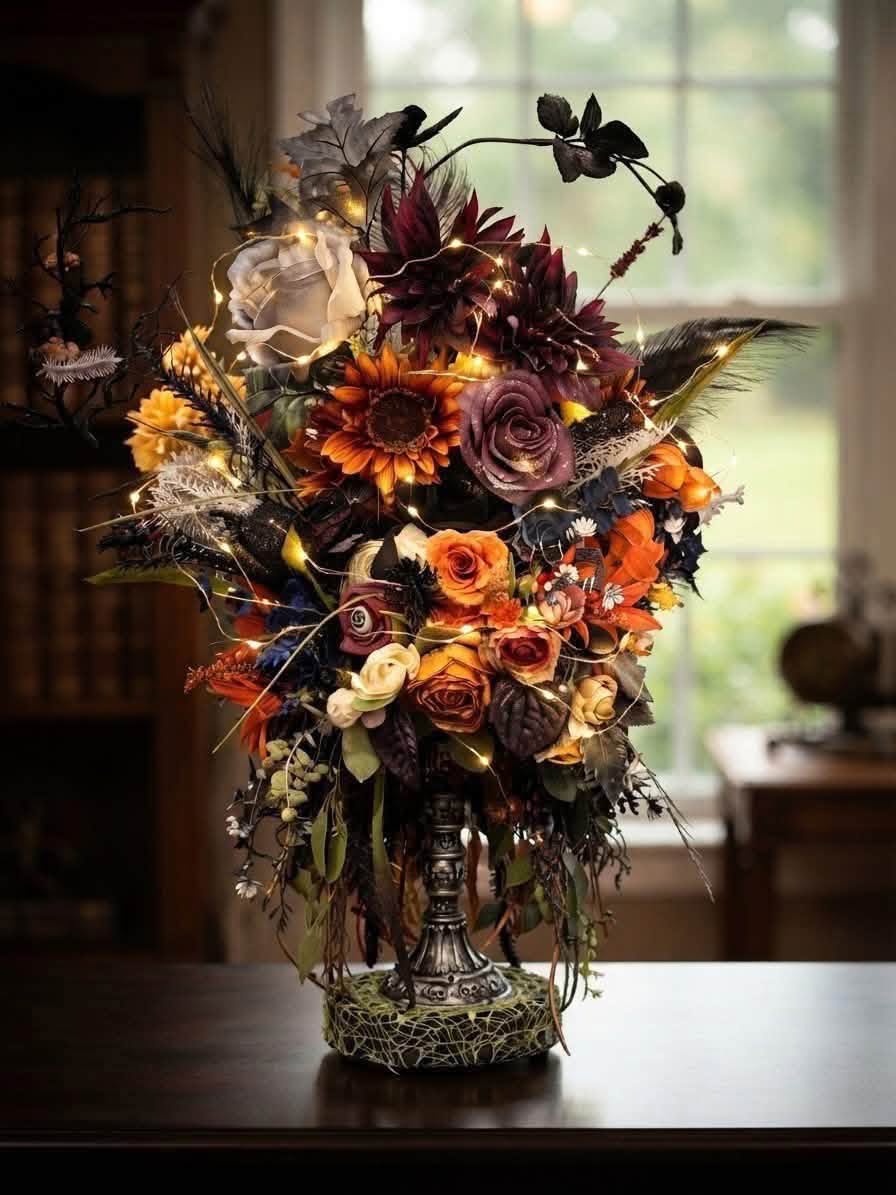 Tall decorative arrangement with orange and purple artificial flowers, feathers and warm string lights