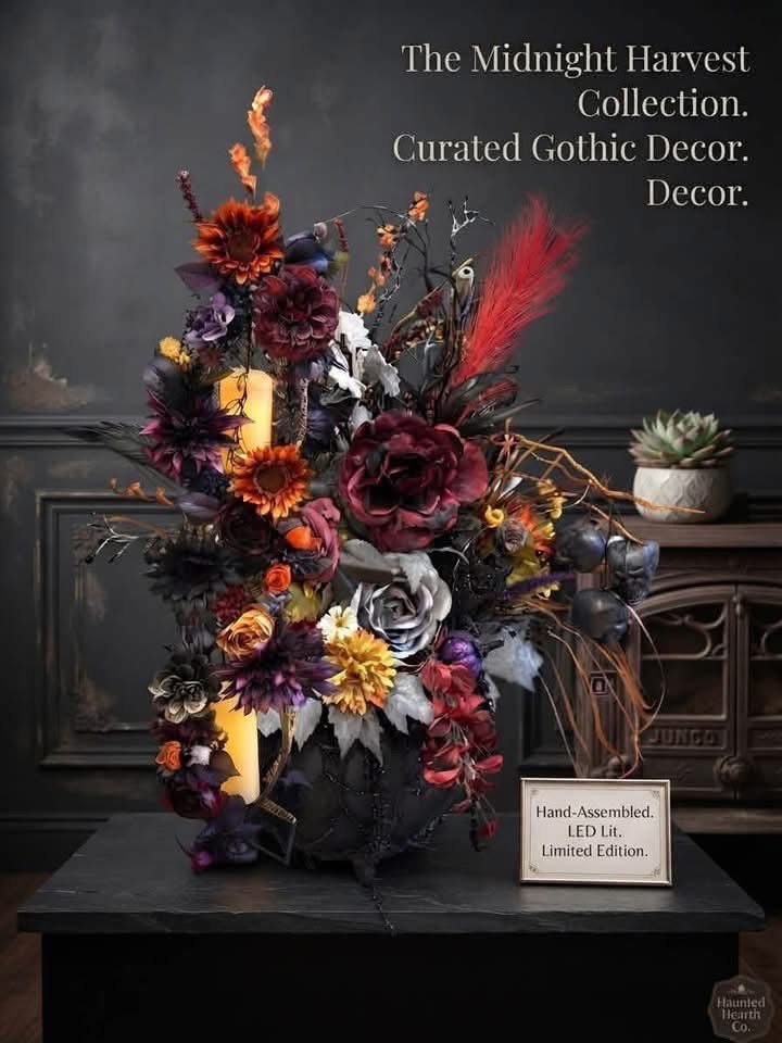 Burgundy, orange and gray decorative flowers surrounding glowing pillar lights in a dark display